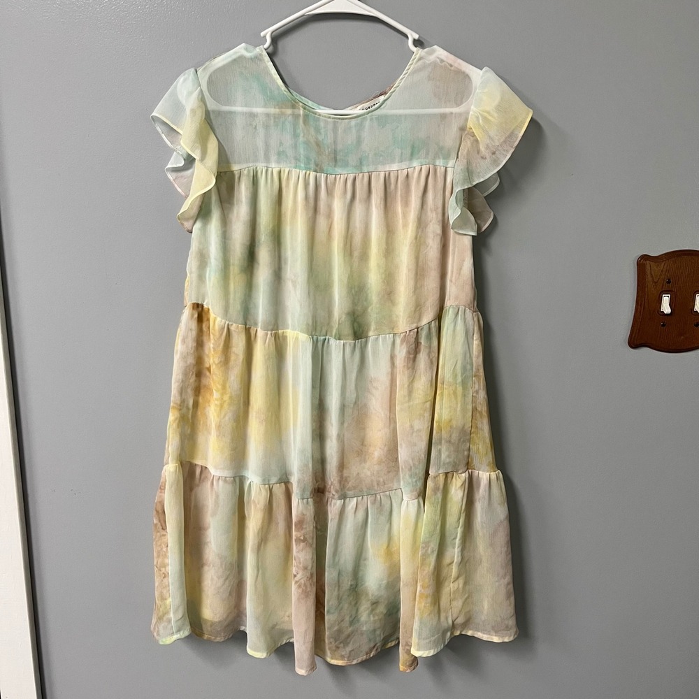 Blu Pepper Pastel Tie Dye Tiered‎ Babydoll Dress Ruffle Sleeve Small BISD1005